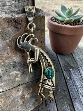 Oversized Liberty Sterling Silver Kokopelli Signed Turquoise EE Pendant 3” 25gr